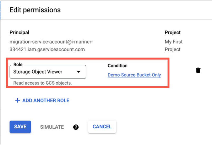Google Cloud Storage principal role needed to read from source bucket.