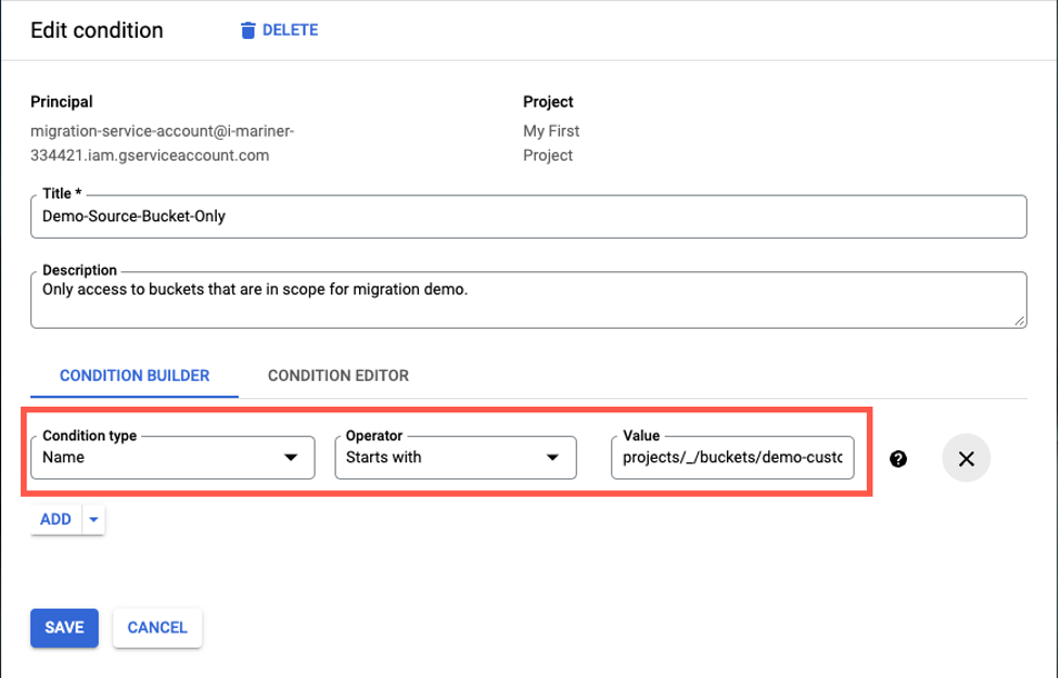 Google Cloud Storage principal role with the condition to only allow read from source bucket.