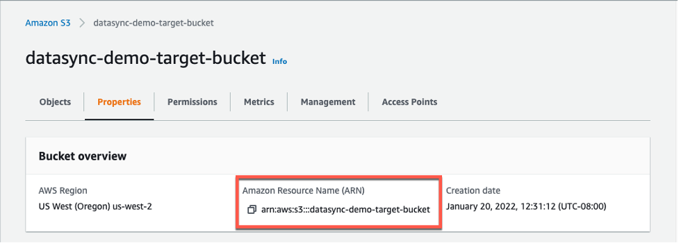 Amazon S3 bucket Properties tab contains the Amazon Resource Name (ARN).