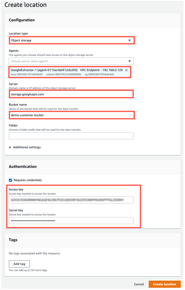Configuration of DataSync source location for Google Cloud Storage.