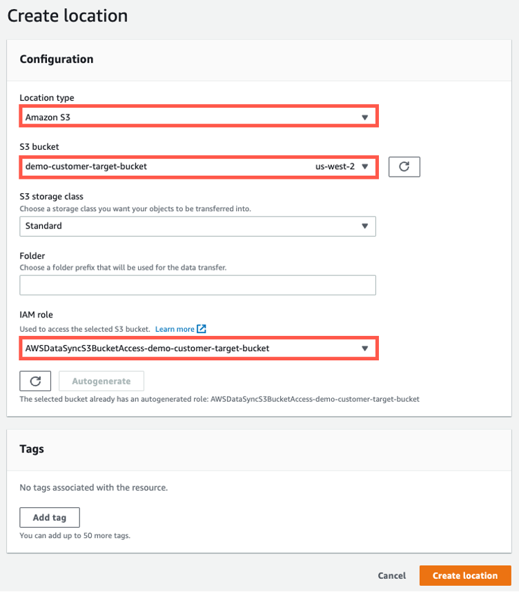 Configuration of DataSync destination location for Amazon S3.