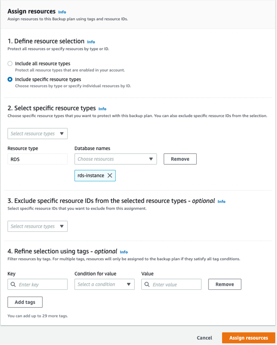 AWS Backup console assign resources account-a region-a parameters