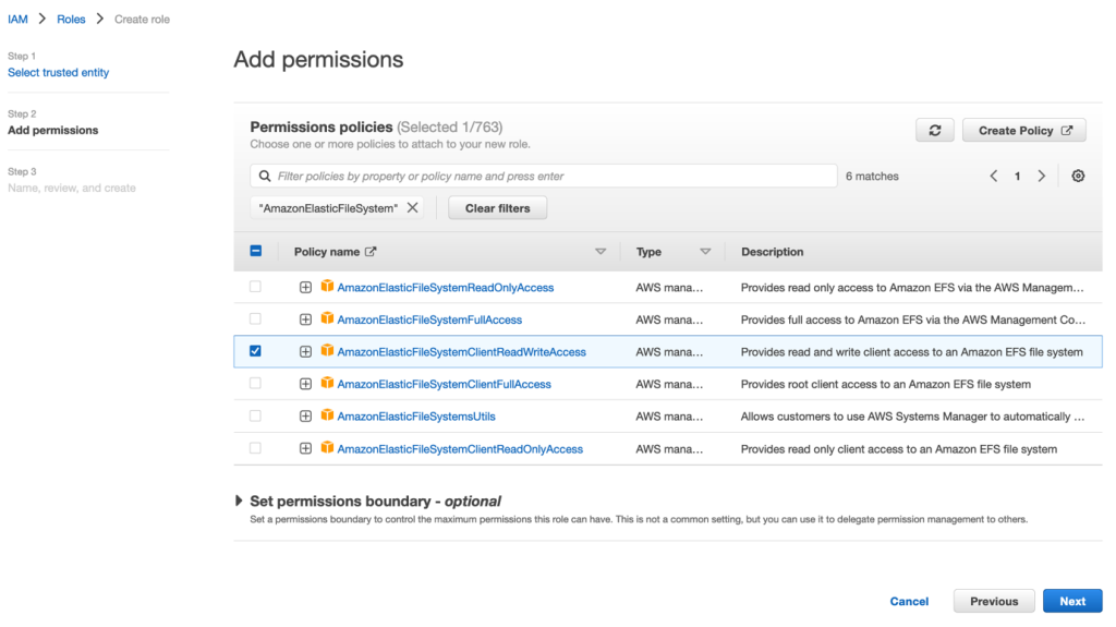 AmazonElasticFilesSystem has been entered as a search under Permissions Policies and the AmazonElasticFileSystemClientReadWriteAccess policy selected from the results.