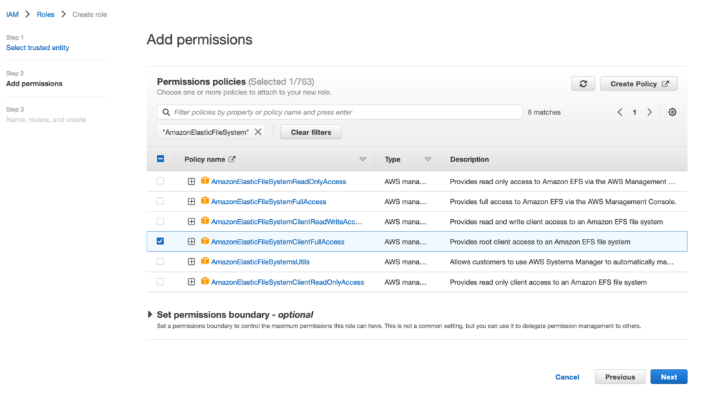 AmazonElasticFilesSystem has been entered as a search under Permissions Policies and the AmazonElasticFileSystemClientFullAccess policy selected from the results.