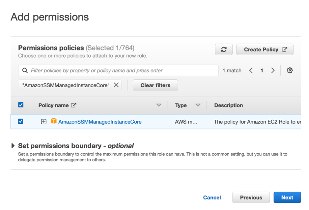 AmazonSSMManagedInstanceCore has been entered as a search under Permissions Policies and the AmazonSSMManagedInstanceCore policy selected from the results.