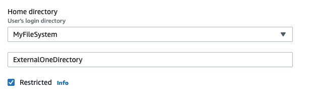 In the User configuration settings the Home directory is populated with MyFileSystem, the optional directory dropdown is populated with ExternalOneDirectory and the Restricted check box is selected. 