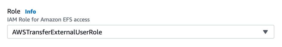 In the User configuration settings the Role dropdown is populated with the AWSTransferExternalUserRole.