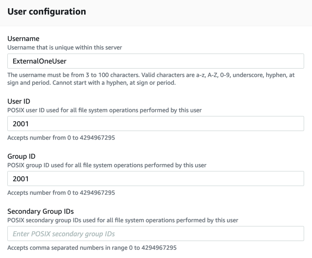 In the User configuration settings the Username field is populated with ExternalOneUser, the User ID field with 2001, and the Group ID with 2001.
