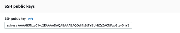 In the User configuration settings the external user’s public SSH key is entered in the SSH public keys, SSH public key field.