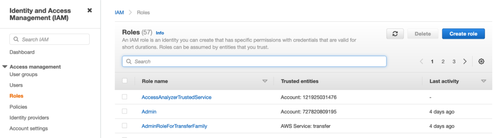 The Create Role button is located on the top right of the IAM console. 