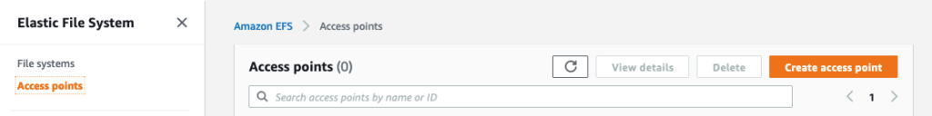 The Create access point button is located in the top right corner of the Elastic File System, Access points section of the console. 