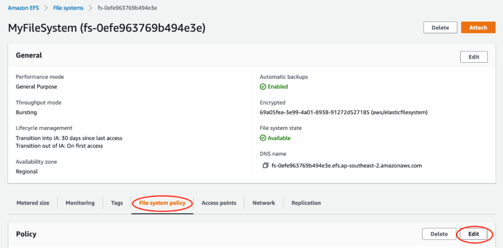The File system policy tab is located beneath the General settings section for the selected file system and the Edit button to the right on the Policy tab. 