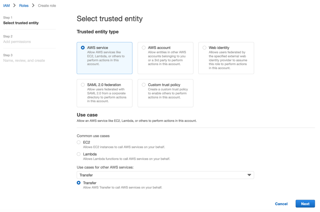 The Select trusted entity section displays a Trusted entity type set to AWS service and Transfer selected from the dropdown for the Use cases for other AWS Services field.