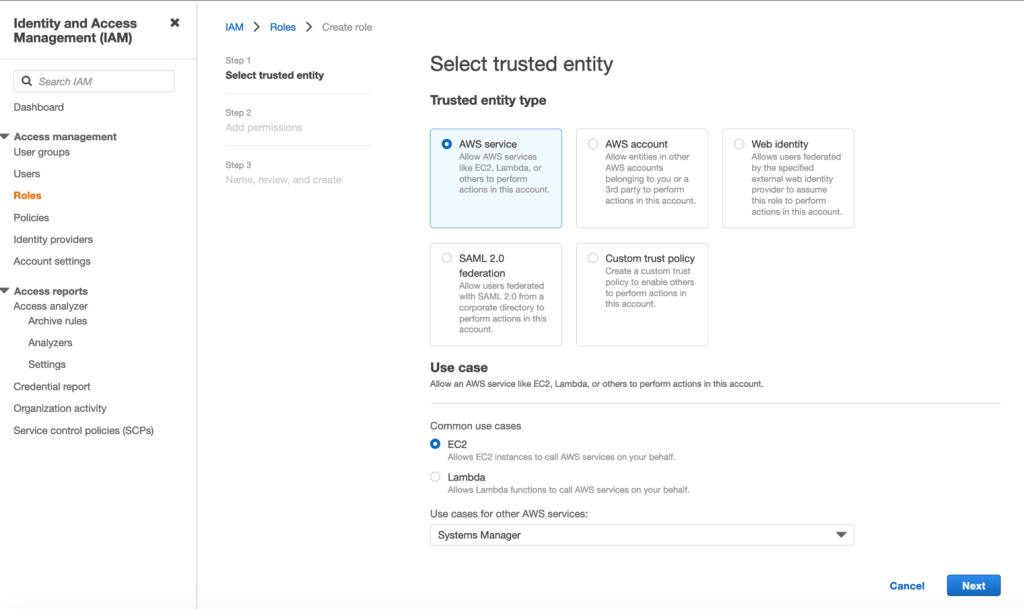 The Select trusted entity section displays a Trusted entity type set to AWS service and the EC2 check box selected under Common use cases