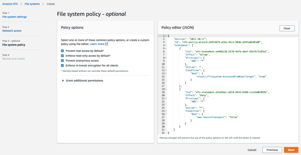 Under File System Policy settings, the Policy options to Prevent root access by default, Enforce read-only access by default, Prevent anonymous access and Enforce in-transit encryption for all clients are selected.