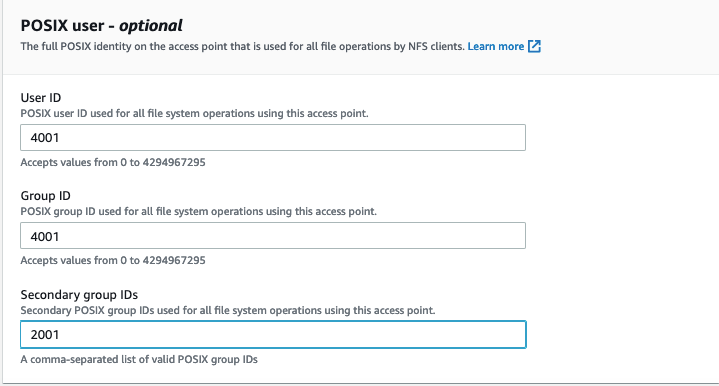 Under POSIX user settings the User ID is set to 4001, the Group ID is set to 4001 and the Secondary group IDs field is set to 2001. 