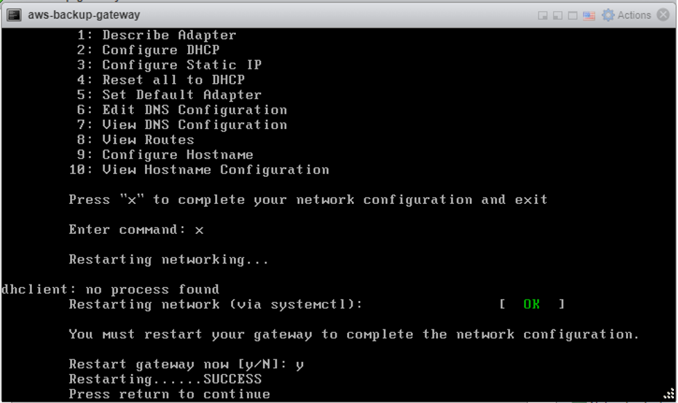 Figure 3.5: AWS Backup Network Configuration terminal. 