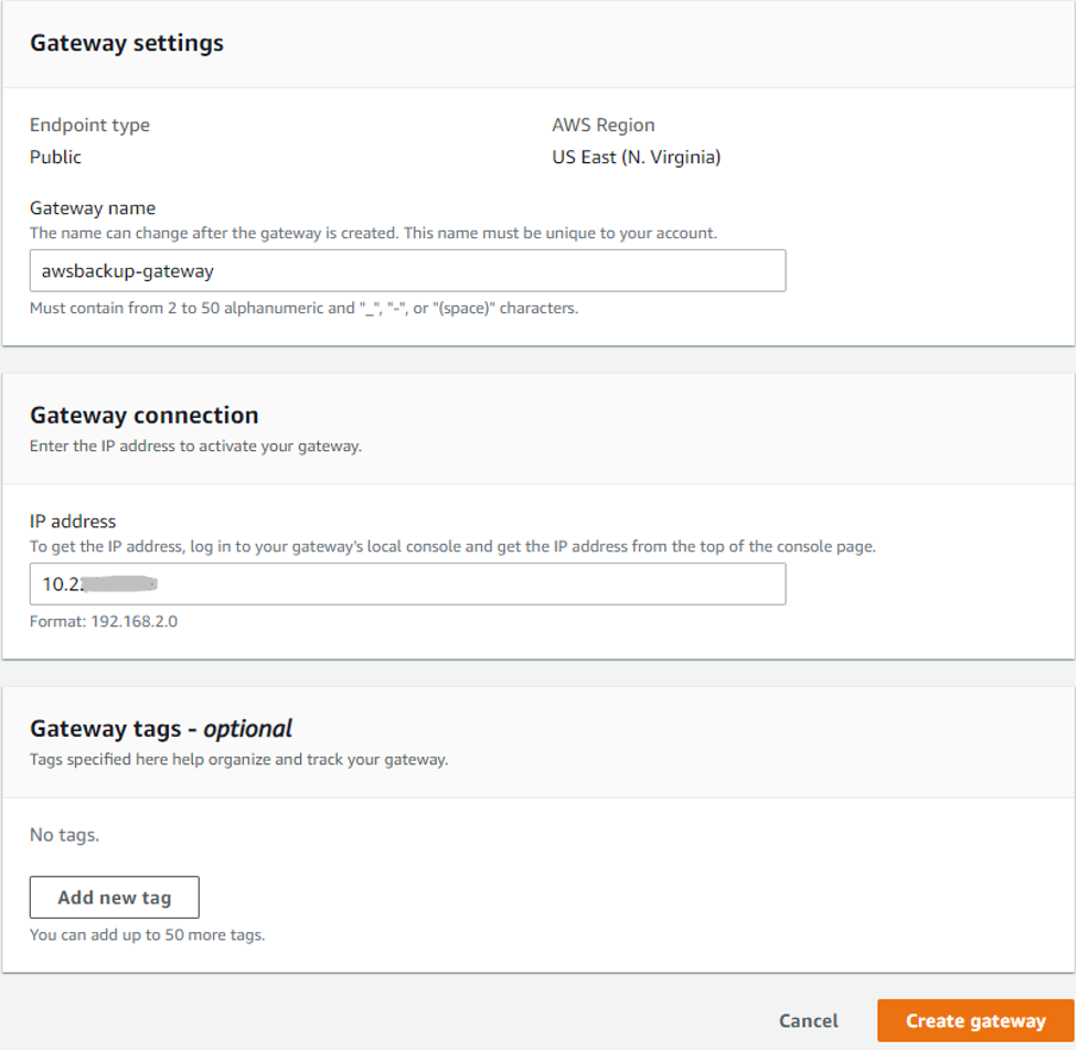 Figure 4.0: AWS Backup create gateway wizard.