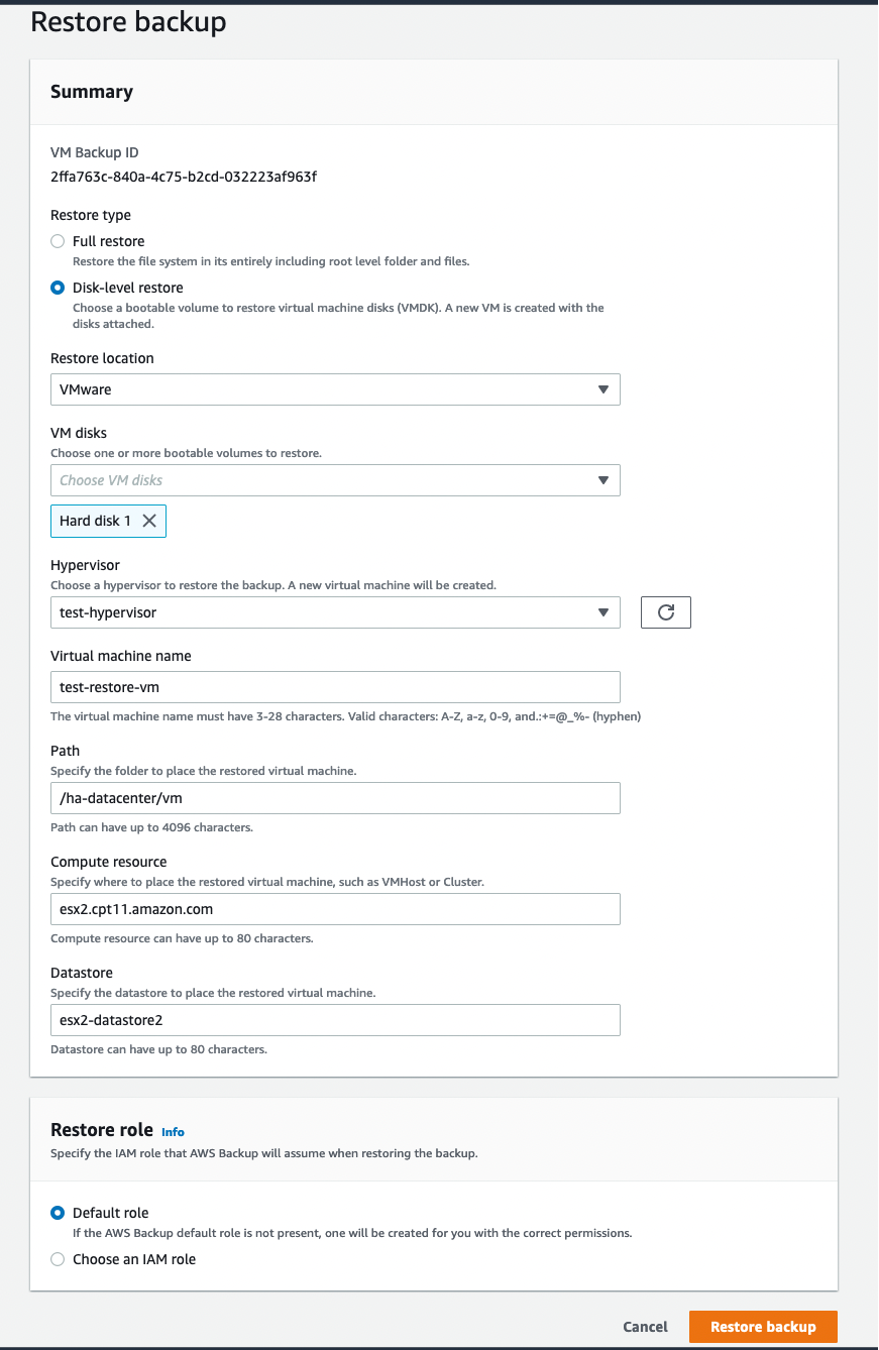Figure 7.0: AWS Backup restore backup wizard.
