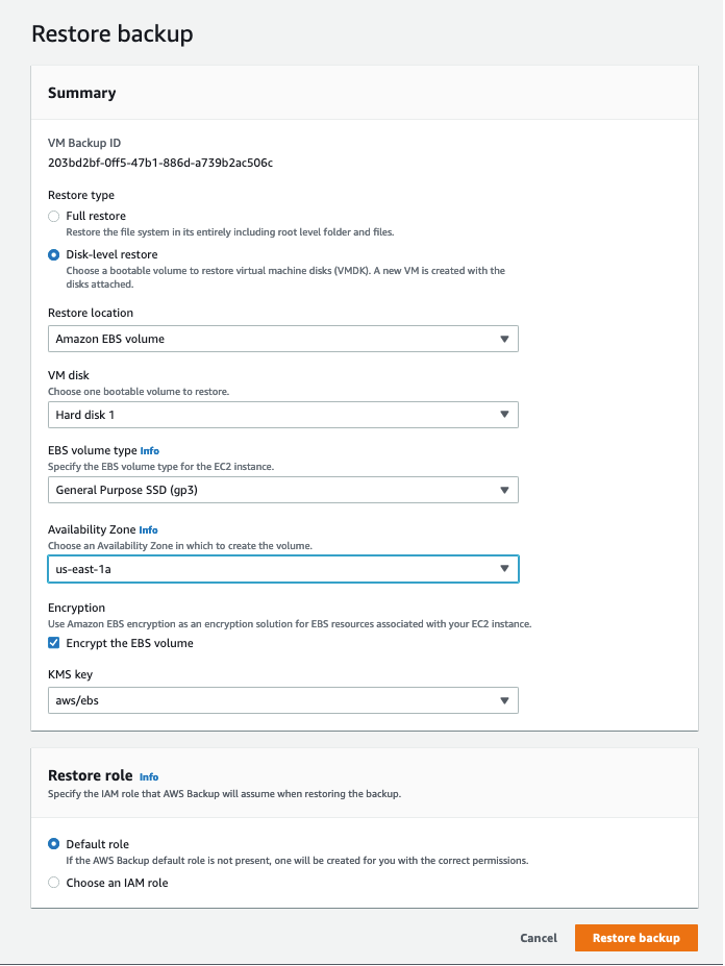Figure 8.0: AWS Backup restore backup wizard.