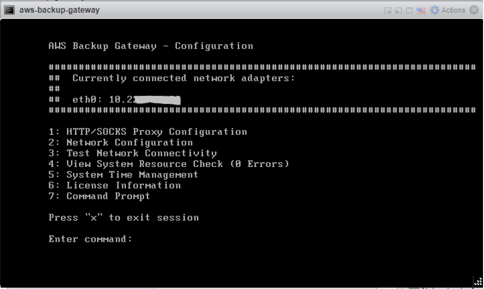 Figure 3.0: AWS Backup Gateway Configuration terminal.