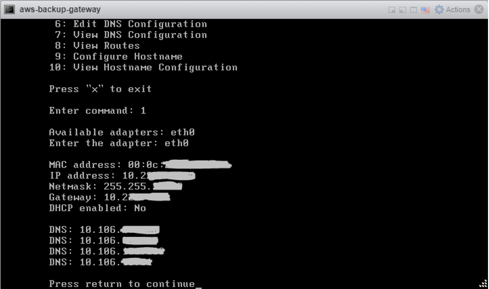 Figure 3.2: AWS Backup Gateway describe adapter terminal.