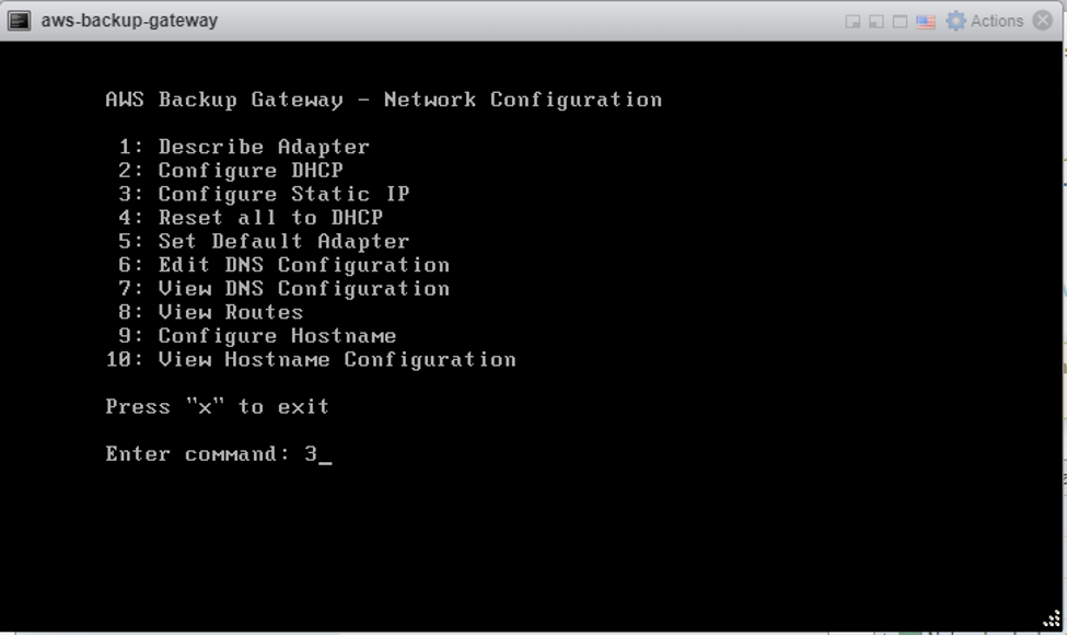 Figure 3.3: AWS Backup Gateway Network Configuration terminal.