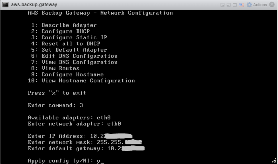 Figure 3.4: AWS Backup Gateway Configure Static IP terminal.