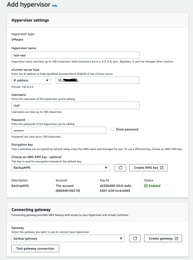 Figure 4.2: AWS Backup Add hypervisor wizard.