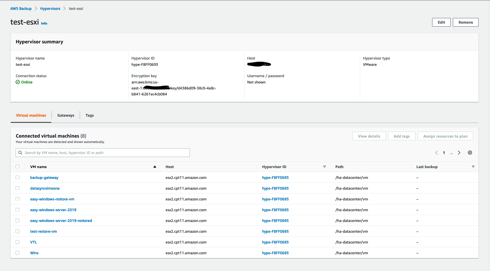 Figure 4.3: AWS Backup hypervisor summary page