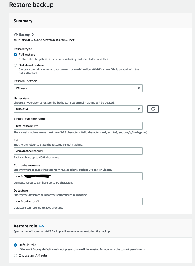 Figure 6.0: AWS Backup restore backup wizard