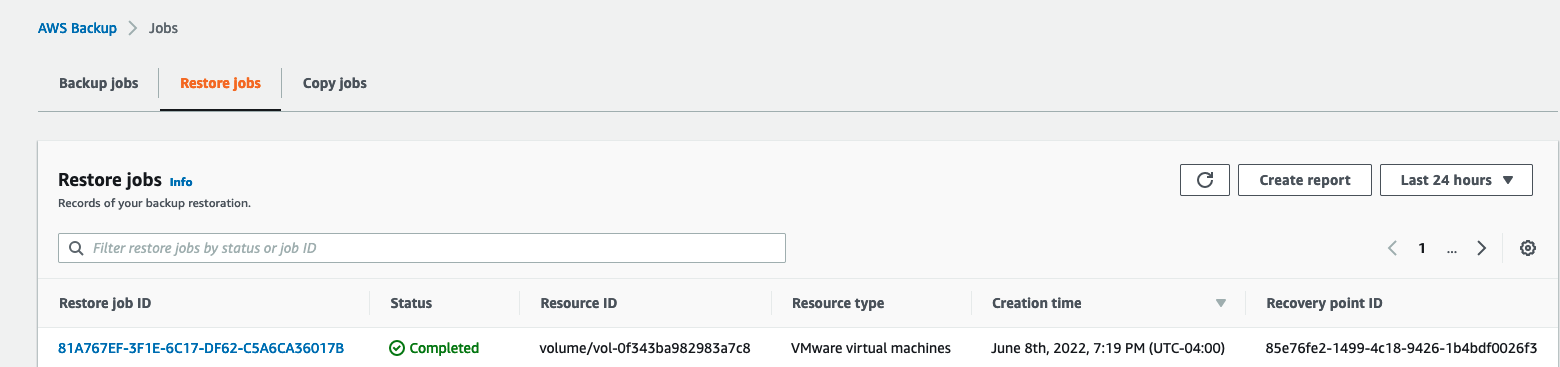 Figure 8.1: Showing the completed restore job for EBS volume