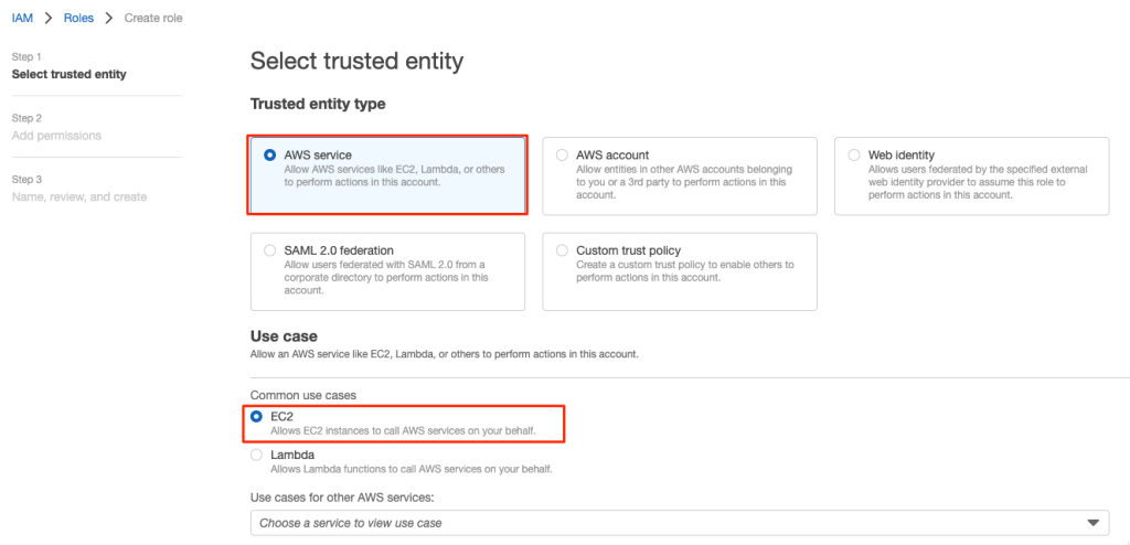 For Selected trusted entity, I choose AWS service, and then I choose EC2 for Use case. Then select Next.