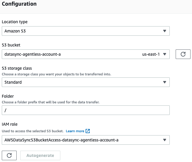 Create the source bucket location, and select Autogenerate to create the IAM policy for this location