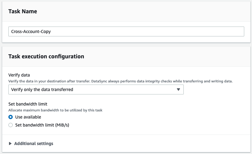 Provide your task with a name and configure to your specifications. When complete, choose *Next*