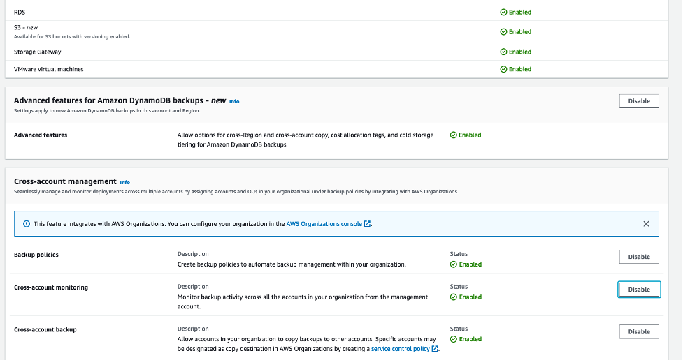 Figure 3: Validate that cross-account backups have been enabled in AWS Backup in the management account