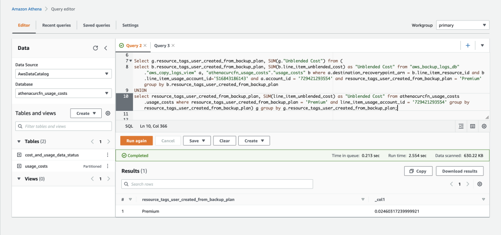 Query Result showing unblended cost for “Premium Plan” for a particular tenant in a single tenancy environment