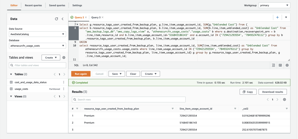 Query Result showing unblended cost across all plans for a particular tenant from multiple accounts