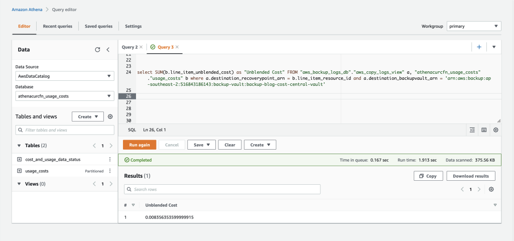 Query Result showing unblended cost of the central backup vault