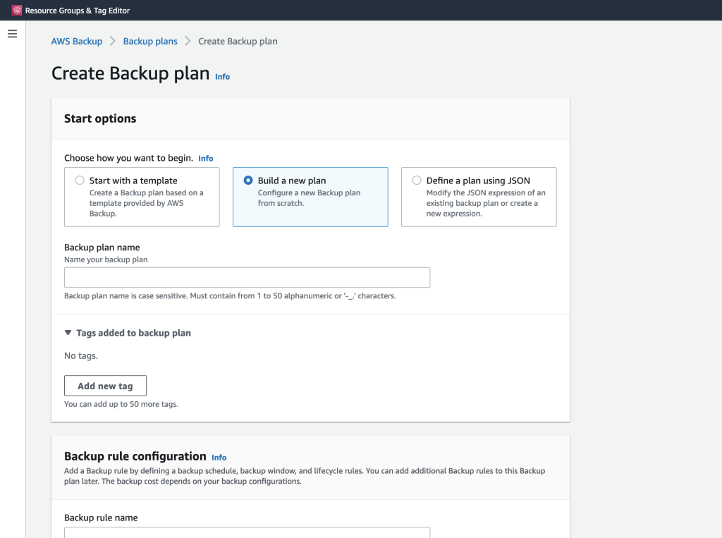 “Create Backup Plan” wizard with various options for creating the backup plan