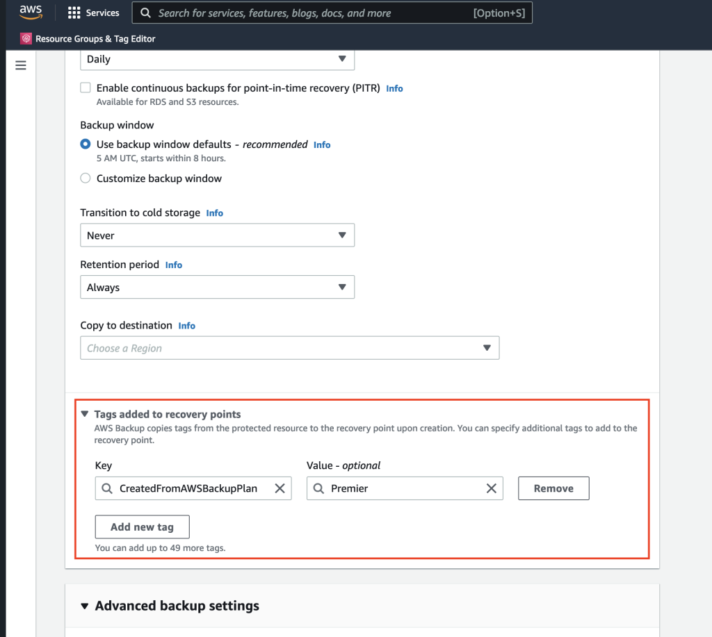 “Tags added to recovery points” section in the “Create Backup Plan” wizard, highlighted in red