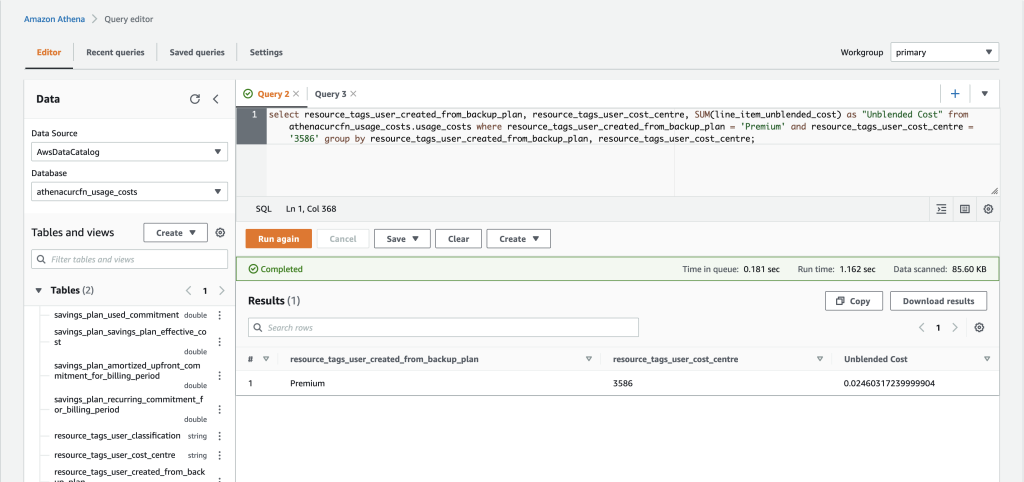 Query Result showing unblended cost of the “Premium Plan” for a particular cost centre