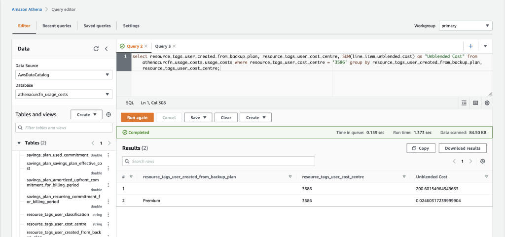 Query Result showing unblended cost of all backup plans for a particular cost centre