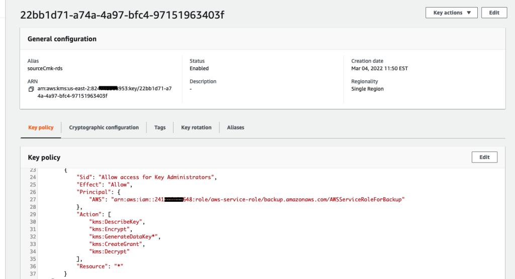 KMS key permissions for customer managed KMS key used to encrypt RDS DB instance