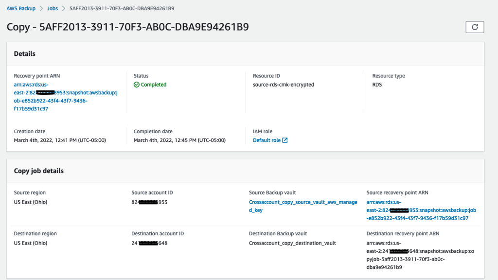 Copy job status is Completed for the RDS DB instance