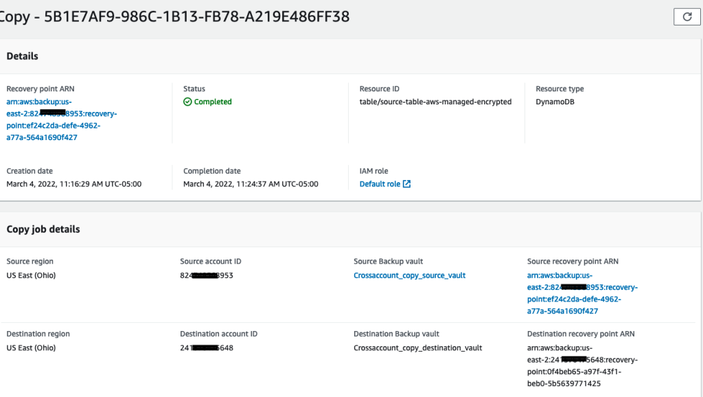 Copy job status is Completed for the DynamoDB table