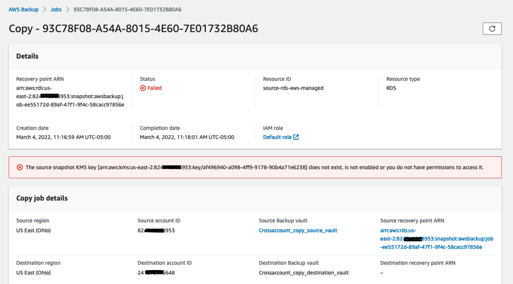Copy job status Failed for the RDS DB instance