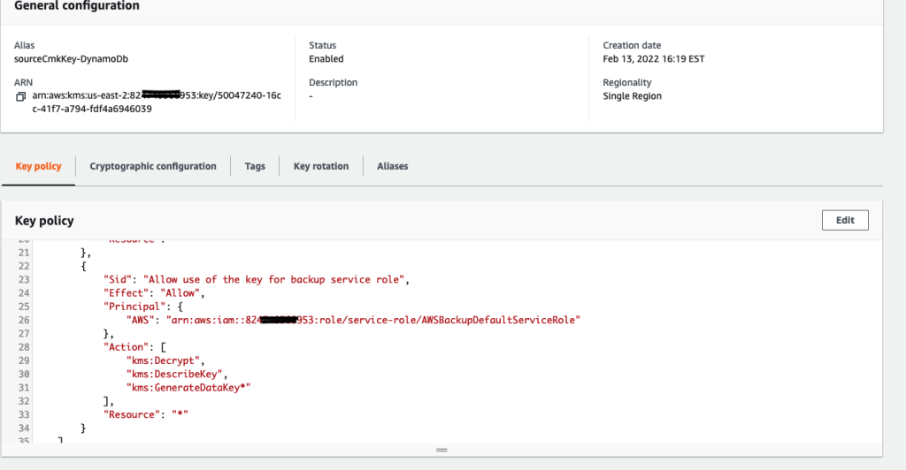 KMS key permissions for the customer managed KMS key used to encrypt the DynamoDB table