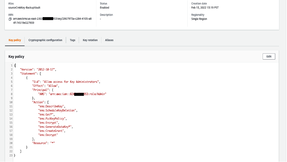 KMS key permissions for customer managed KMS key used to encrypt source backup vault 