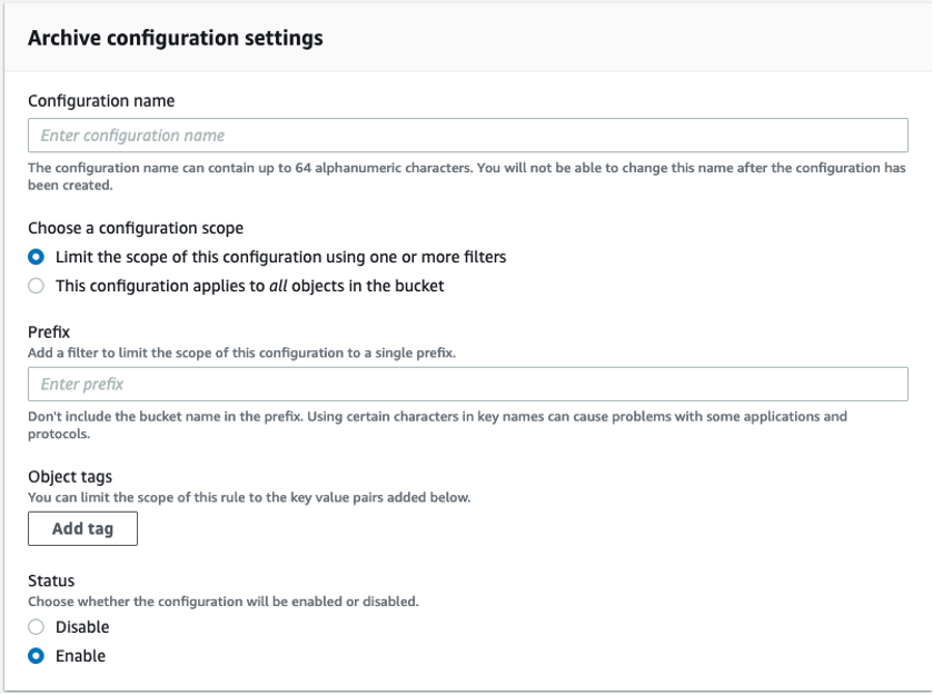 Archive configuration settings
